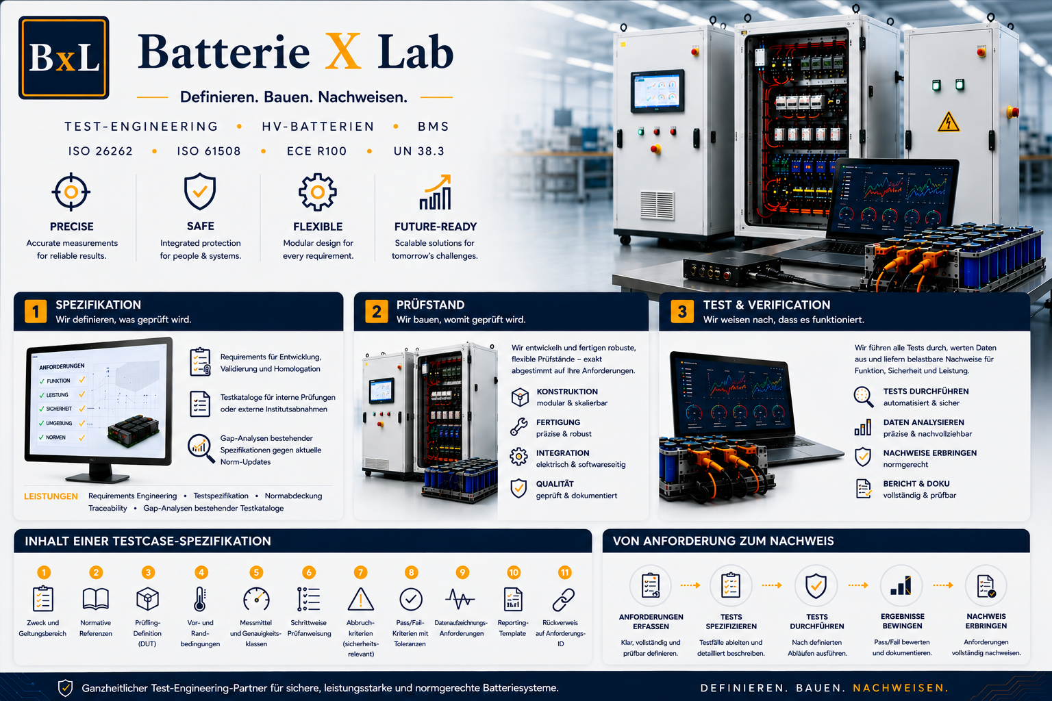BatterieXLab Leistungsübersicht: die drei Säulen Spezifikation, Prüfstand und Test & Verifikation mit Beispiel-Workflows von der Anforderung zum Nachweis.